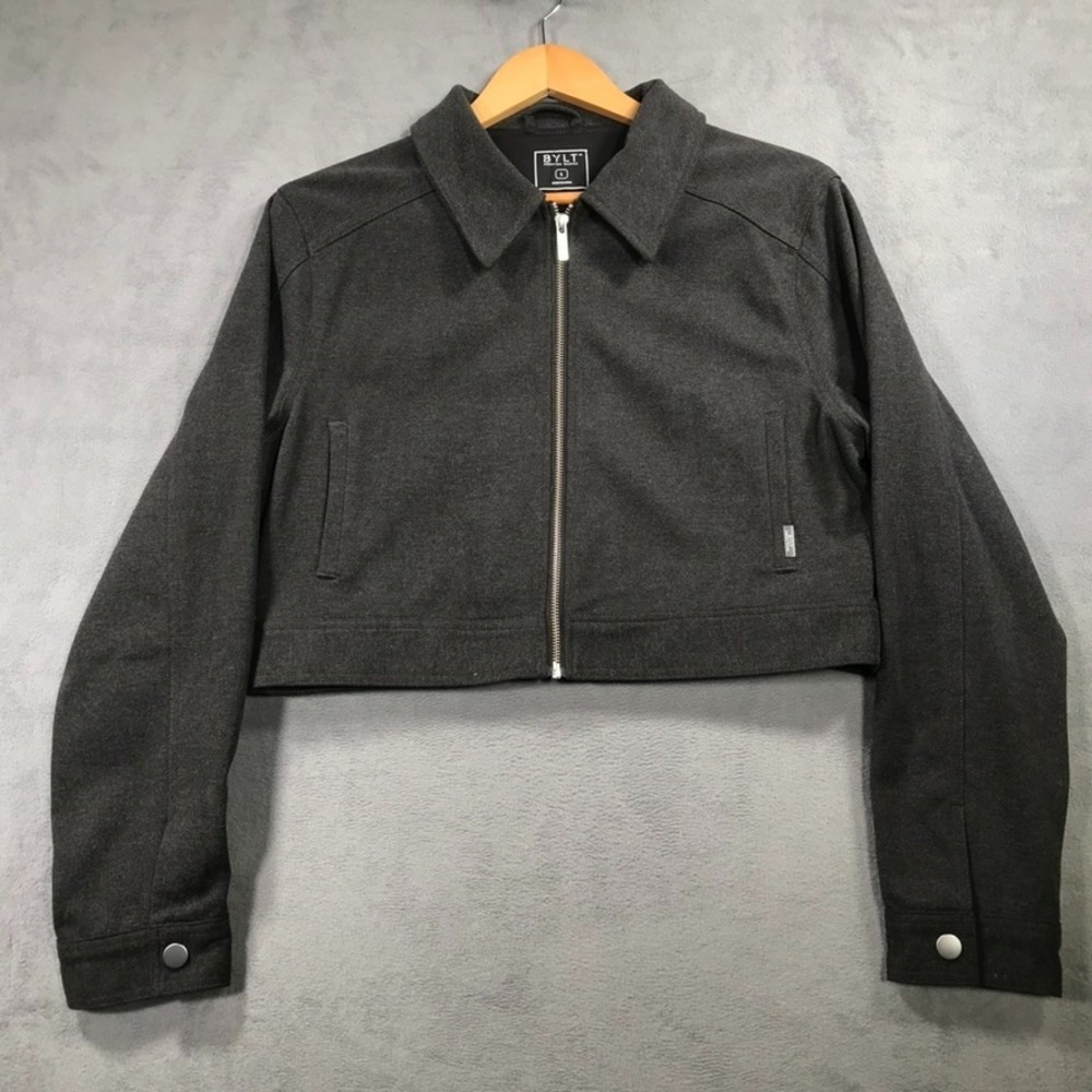 Bylt Basics Coastal Trucker Cropped Jacket Womens Large Charcoal Grey Bomber